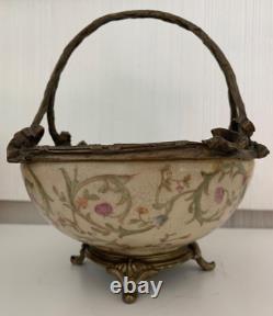 Chinese Floral Design Footed Hand Painted Porcelain and Bronze Bowl with Handle