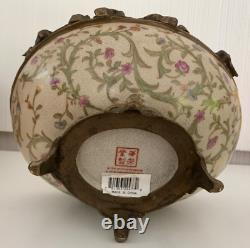 Chinese Floral Design Footed Hand Painted Porcelain and Bronze Bowl with Handle