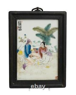 Chinese Hand Painted Famille Rose Erotic Porcelain Plaque With Couple in Coitus