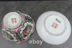 Chinese Hand Painted Porcelain Bowl & Plate Lotus Canton Famille Rose Signed