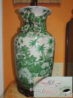 Chinese Lamp 28 Vase Porcelain Hand Painted United Wilson rose palm trees green