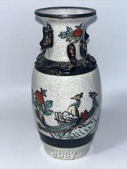 Chinese Nanking Crackleware Vase Porcelain Hand Painted Birds And Flowers