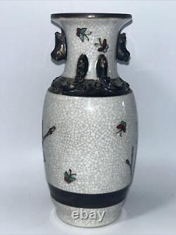 Chinese Nanking Crackleware Vase Porcelain Hand Painted Birds And Flowers