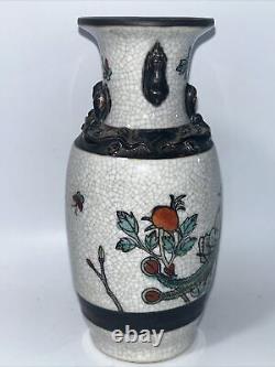 Chinese Nanking Crackleware Vase Porcelain Hand Painted Birds And Flowers