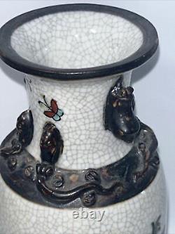 Chinese Nanking Crackleware Vase Porcelain Hand Painted Birds And Flowers