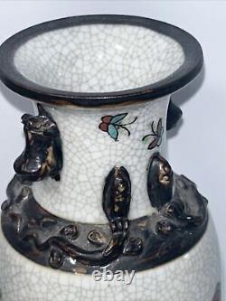 Chinese Nanking Crackleware Vase Porcelain Hand Painted Birds And Flowers