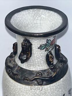 Chinese Nanking Crackleware Vase Porcelain Hand Painted Birds And Flowers