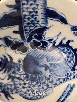 Chinese Porcelain Blue & White Ceramic Handpainted Signed Dragon Bowl /Cup China