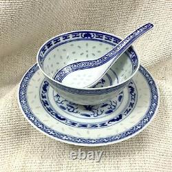 Chinese Porcelain Blue and White Bowl Spoon Rice Grain Dragon Plate Hand Painted