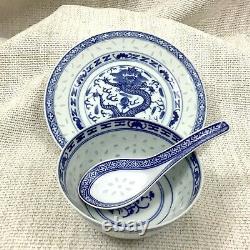 Chinese Porcelain Blue and White Bowl Spoon Rice Grain Dragon Plate Hand Painted