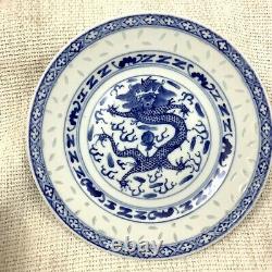 Chinese Porcelain Blue and White Bowl Spoon Rice Grain Dragon Plate Hand Painted