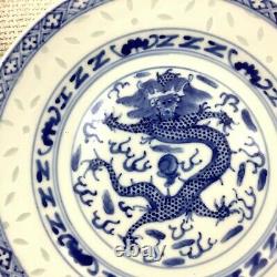 Chinese Porcelain Blue and White Bowl Spoon Rice Grain Dragon Plate Hand Painted