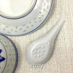 Chinese Porcelain Blue and White Bowl Spoon Rice Grain Dragon Plate Hand Painted