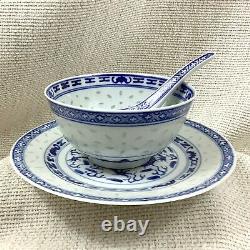 Chinese Porcelain Blue and White Bowl Spoon Rice Grain Dragon Plate Hand Painted