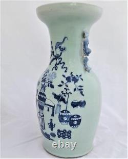 Chinese Porcelain Celadon Ground Vase Blue & White Precious Things Lion Dogs 42c