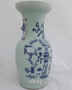 Chinese Porcelain Celadon Ground Vase Blue & White Precious Things Lion Dogs 42c