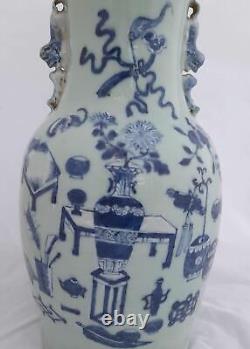 Chinese Porcelain Celadon Ground Vase Blue & White Precious Things Lion Dogs 42c