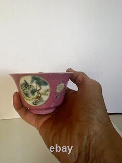 Chinese Porcelain Famille Rose Pink Ground Hand painted Flowers Tea Cup