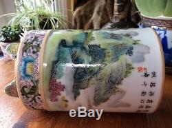 Chinese Porcelain Famille Rose Republic Landscape Brush Pot Yongzheng Seal Mark