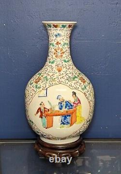 Chinese Porcelain Famille Verte Vase with Wooden Stand Hand-painted, Marked