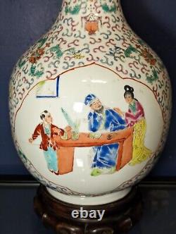 Chinese Porcelain Famille Verte Vase with Wooden Stand Hand-painted, Marked