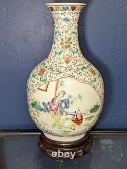 Chinese Porcelain Famille Verte Vase with Wooden Stand Hand-painted, Marked