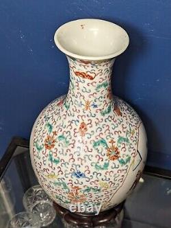 Chinese Porcelain Famille Verte Vase with Wooden Stand Hand-painted, Marked