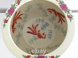 Chinese Porcelain Fish Bowl / Planter with Wooden Stand, Hand Painted, Vintage