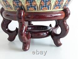 Chinese Porcelain Fish Bowl / Planter with Wooden Stand, Hand Painted, Vintage