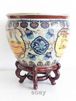 Chinese Porcelain Fish Bowl / Planter with Wooden Stand, Hand Painted, Vintage