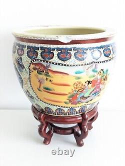 Chinese Porcelain Fish Bowl / Planter with Wooden Stand, Hand Painted, Vintage