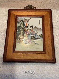Chinese Porcelain Hand, Painted Antique Tile With Two Geisha Women