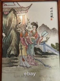 Chinese Porcelain Hand, Painted Antique Tile With Two Geisha Women
