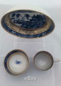 Chinese Porcelain Trio Gilded Blue and White Emerging Boat Qianlong Qing c 1780