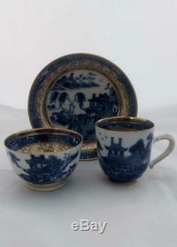 Chinese Porcelain Trio Gilded Blue and White Emerging Boat Qianlong Qing c 1780