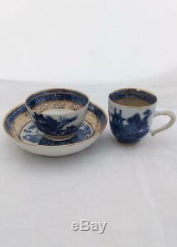 Chinese Porcelain Trio Gilded Blue and White Emerging Boat Qianlong Qing c 1780