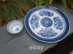Chinese blue and white hand painted plate and small tea bowl both 19th century