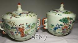 Chinese hand painted figures porcelain lidded bowls 4 character marked 2pcs