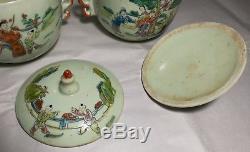 Chinese hand painted figures porcelain lidded bowls 4 character marked 2pcs
