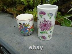 Chinese porcelain hand painted brush pot signed and cup signed