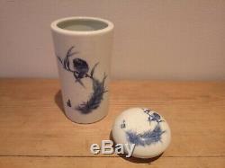 Chinese porcelain scholar's brush pot and seal paste box, hand painted, signed