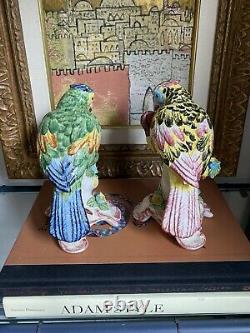 Chinoiserie Chelsea House Ceramic Porcelain Parrot Bird Pair Italy Hand Painted
