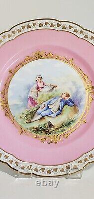 Circa 1846 French Sevres Hand Painted Porcelain Plate Scenic Pink Gilt Signed