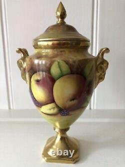 Coalport Hand Painted Fruits Mask Handles Pedestal Vase & Cover by M Harnett 7