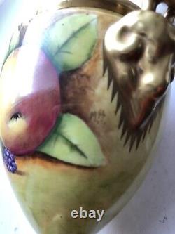 Coalport Hand Painted Fruits Mask Handles Pedestal Vase & Cover by M Harnett 7
