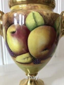 Coalport Hand Painted Fruits Mask Handles Pedestal Vase & Cover by M Harnett 7