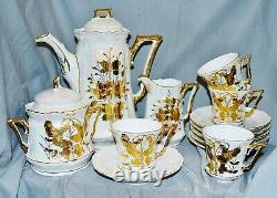 Coffee Königszelt Silesia, Iridescent Gold Hand Painted, 13 Pieces, 1880 1900