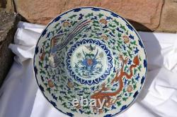 Collectors Chinese Phoenix & Dragon Conical bowl 12.75 Inches diameter
