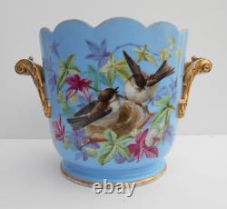 Continental Porcelain Cache Pot Hand Painted Birds On A Powder Blue Ground