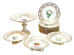 Continental Porcelain Hand Painted Dessert Service for 10. Floral and Gilt